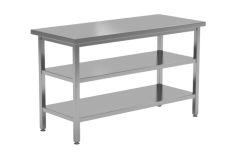 Nerezový prostorový stůl s dvoupolicí 140×60×85 cm