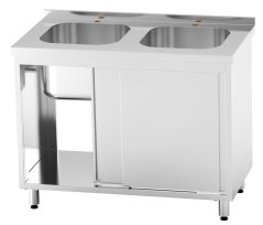 Nerezový dvojdřez se skříňkou, posuvné dveře, 100×60×85 cm (2× dřez 40×40×30 cm)