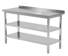 Nerezový stůl přístěnný s dvoupolicí 110×70×85 cm