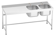 Nerezový stůl s lisovaným dvojdřezem vpravo 180×60×85 cm (2× dřez 50×40×30 cm)