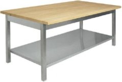 Nerezový stůl s dřevěnou deskou a policí 200×70×85 cm