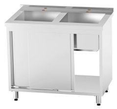 Nerezový dvojdřez se skříňkou, svařovaný, posuvné dveře, 100×60×85 cm (2× dřez 40×40×30 cm)